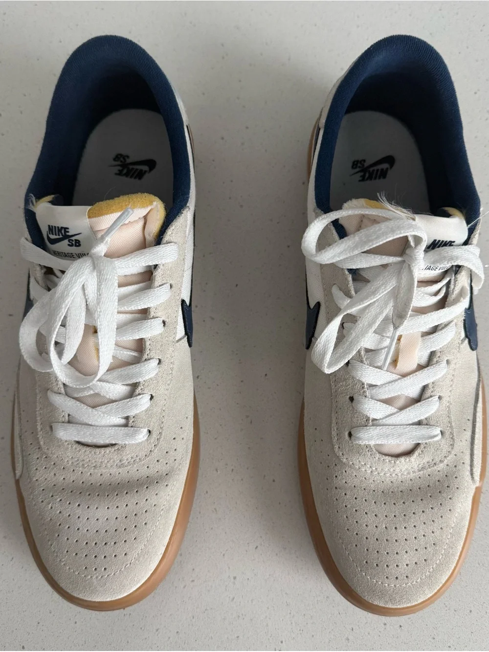 Nike Men’s Beige Suede Sneakers with Navy Swoosh and Gum Sole